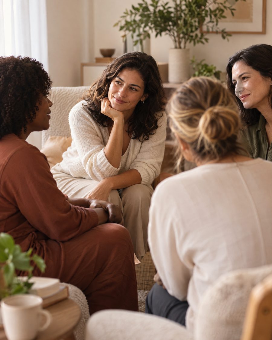 Um grupo de mulheres sentado em círculo, conversando.