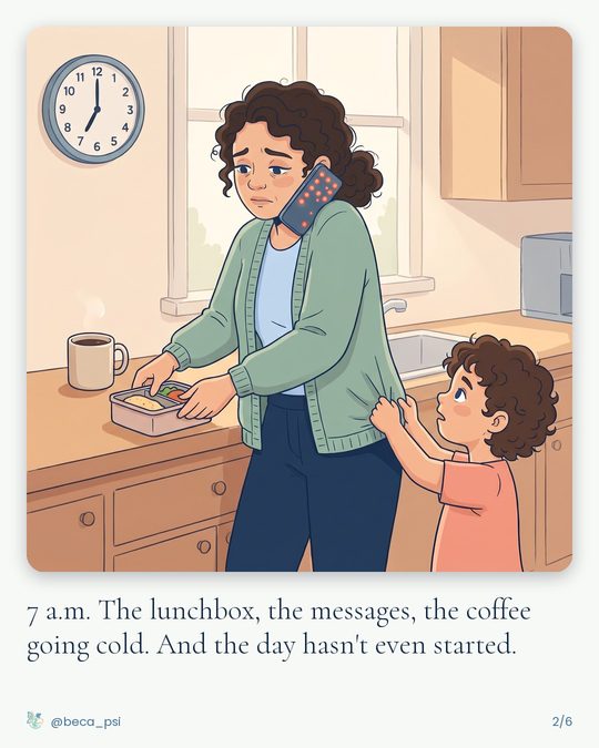 At 7 a.m., she packs a lunchbox with the phone on her shoulder while her son tugs at her cardigan. Caption: 7 a.m. The lunchbox, the messages, the coffee going cold. And the day hasn't even started.