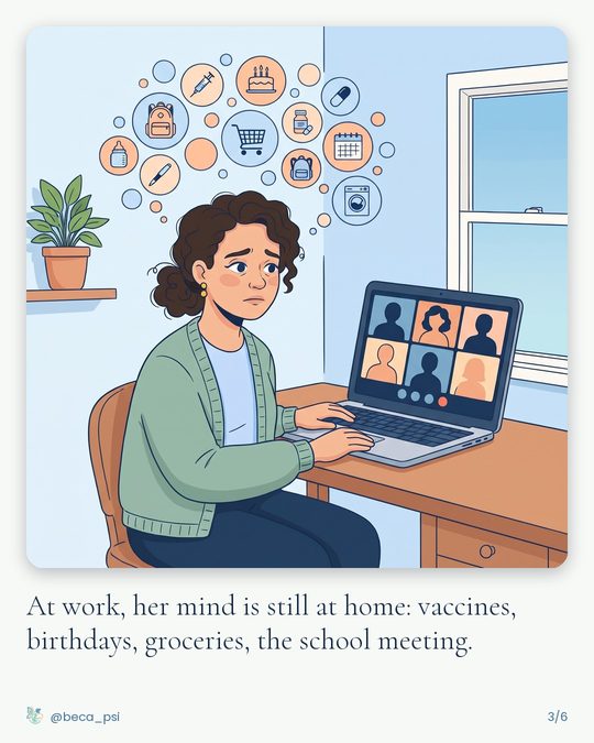 In an online meeting, with bubbles of chores floating above her head. Caption: At work, her mind is still at home: vaccines, birthdays, groceries, the school meeting.