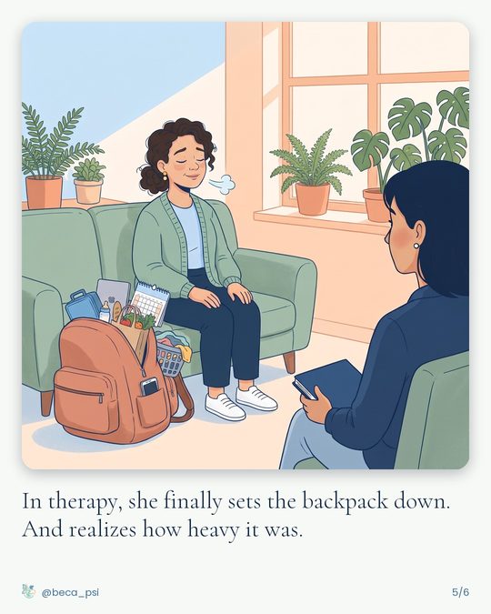 In the therapy room, she sets the backpack on the floor and breathes out in relief in front of the therapist. Caption: In therapy, she finally sets the backpack down. And realizes how heavy it was.