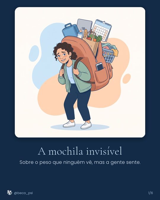 Capa: uma mulher carrega uma mochila enorme, cheia de lancheira, agenda, roupa para lavar e sacolas de mercado. Título: A mochila invisível. Sobre o peso que ninguém vê, mas a gente sente.