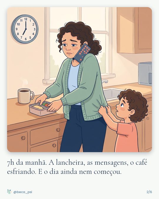 Às 7h, ela monta a lancheira com o celular no ombro enquanto o filho puxa a sua blusa. Legenda: 7h da manhã. A lancheira, as mensagens, o café esfriando. E o dia ainda nem começou.