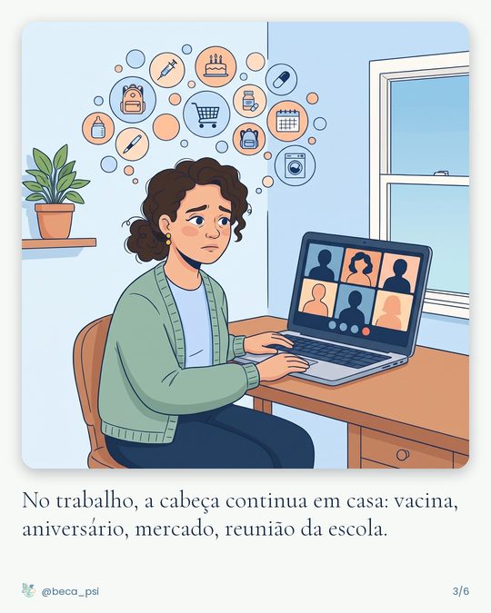 Em uma reunião online, com bolhas de tarefas flutuando sobre a cabeça. Legenda: No trabalho, a cabeça continua em casa: vacina, aniversário, mercado, reunião da escola.