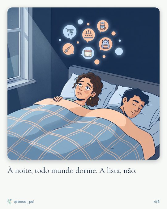 Deitada de olhos abertos, enquanto o parceiro dorme e as tarefas brilham no teto. Legenda: À noite, todo mundo dorme. A lista, não.