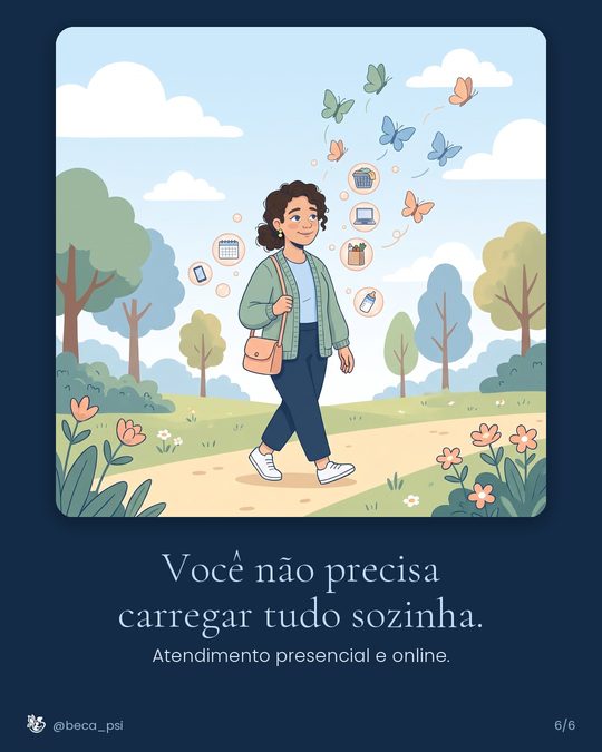 Ela caminha leve por um parque, enquanto as tarefas viram borboletas. Título: Você não precisa carregar tudo sozinha. Atendimento presencial e online.
